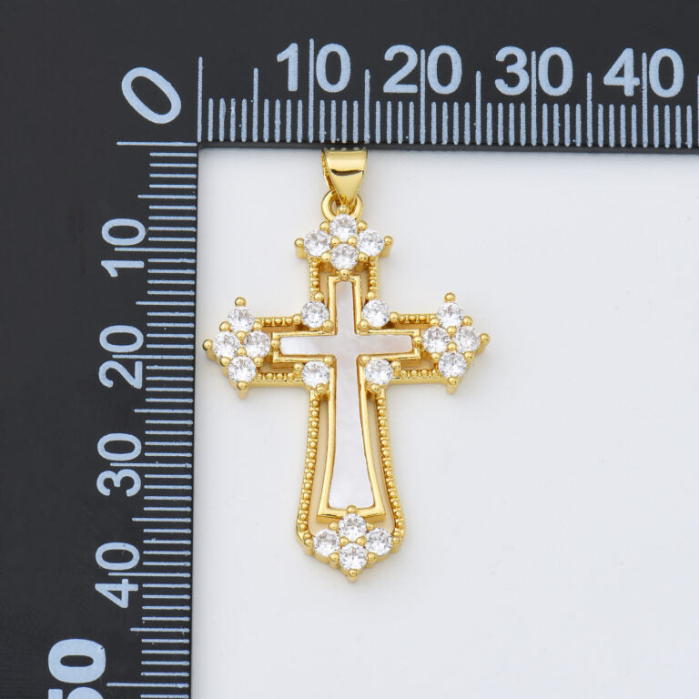 18K Gold Filled Cross Shell Pearl Charm, Cross Pendant for Christian Catholic Baptism, Religious Jewelry Making Supply, 25x37mm, CP2003