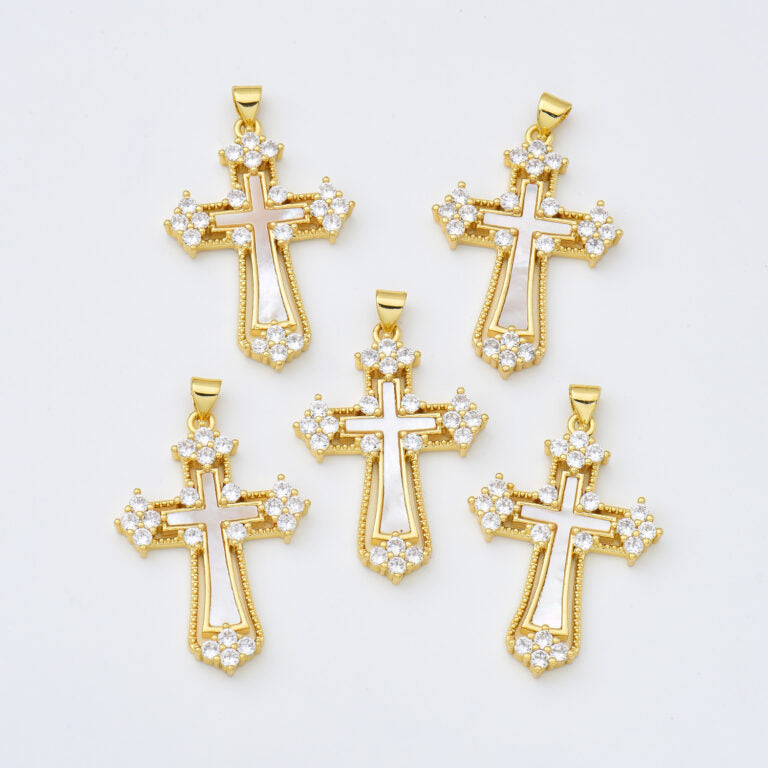 18K Gold Filled Cross Shell Pearl Charm, Cross Pendant for Christian Catholic Baptism, Religious Jewelry Making Supply, 25x37mm, CP2003