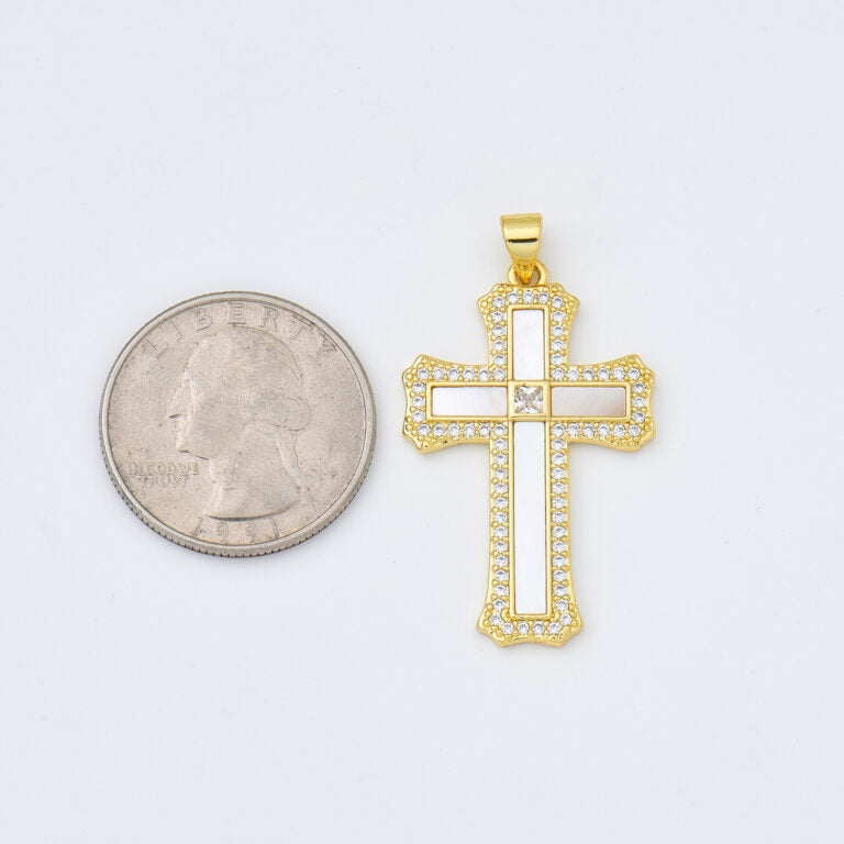 18K Gold Filled Cross Shell Pearl Charm, Cross Pendant for Christian Catholic Baptism, Religious Jewelry Making Supply, 22x35mm, CP2004