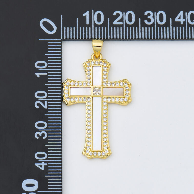 18K Gold Filled Cross Shell Pearl Charm, Cross Pendant for Christian Catholic Baptism, Religious Jewelry Making Supply, 22x35mm, CP2004