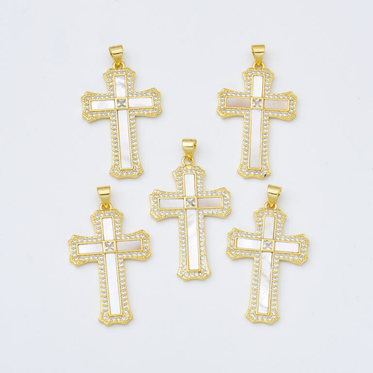 18K Gold Filled Cross Shell Pearl Charm, Cross Pendant for Christian Catholic Baptism, Religious Jewelry Making Supply, 22x35mm, CP2004