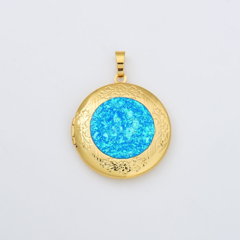 18K Gold Filled Blue Opal Round Photo Locket Charm, Openable Round Shell Pearl Locket Pendant for Necklace Bracelet Jewelry Making Supply CP2007