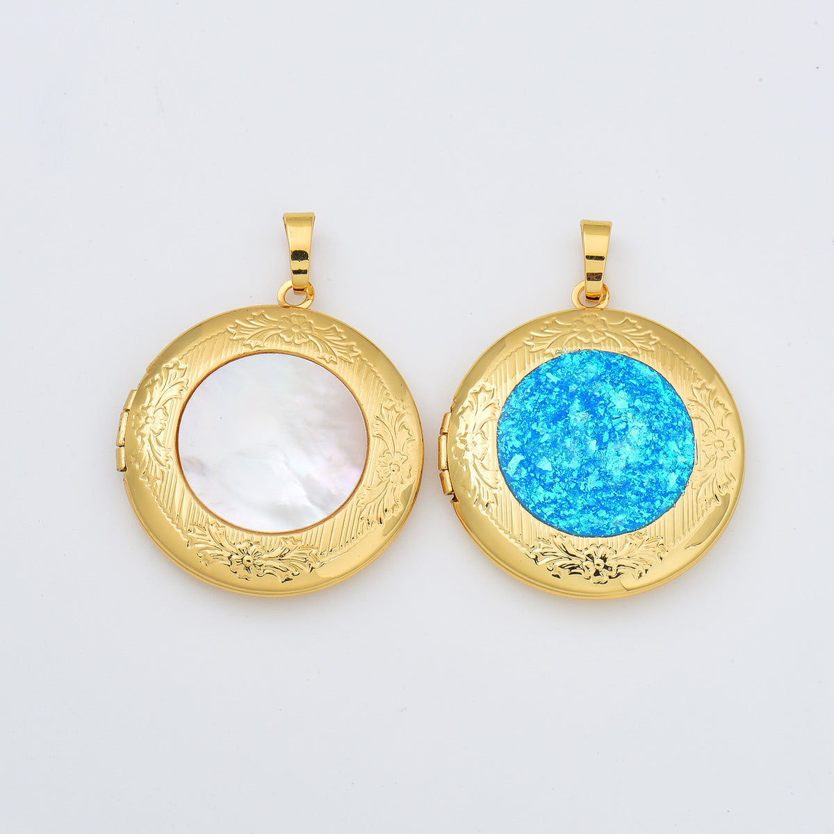 18K Gold Filled Blue Opal Round Photo Locket Charm, Openable Round Shell Pearl Locket Pendant for Necklace Bracelet Jewelry Making Supply CP2007