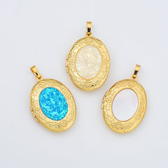 18K Gold Filled Blue Opal Oval Photo Locket Charm, Openable Oval Shell Pearl Locket Pendant for Necklace Bracelet Jewelry Making Supply, CP2008