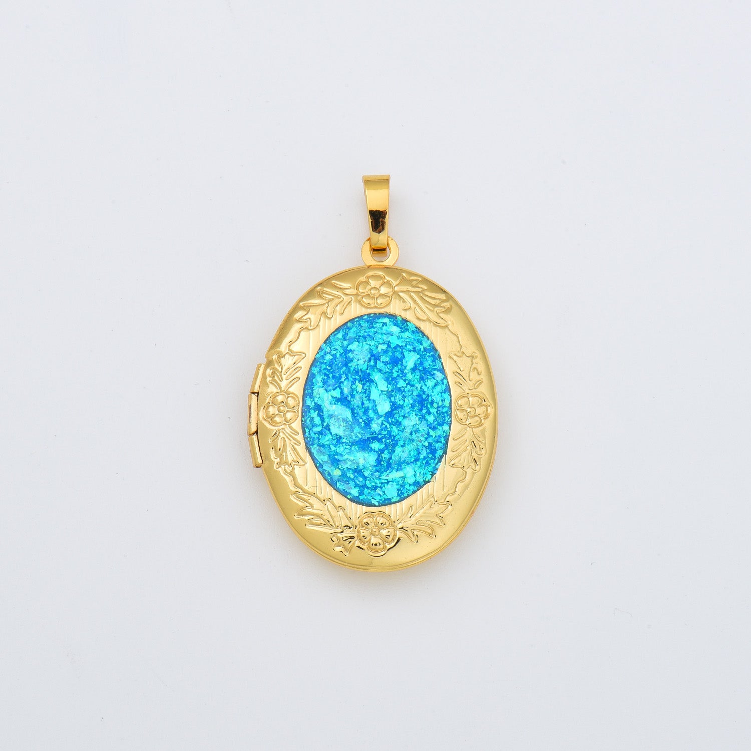 18K Gold Filled Blue Opal Oval Photo Locket Charm, Openable Oval Shell Pearl Locket Pendant for Necklace Bracelet Jewelry Making Supply, CP2008