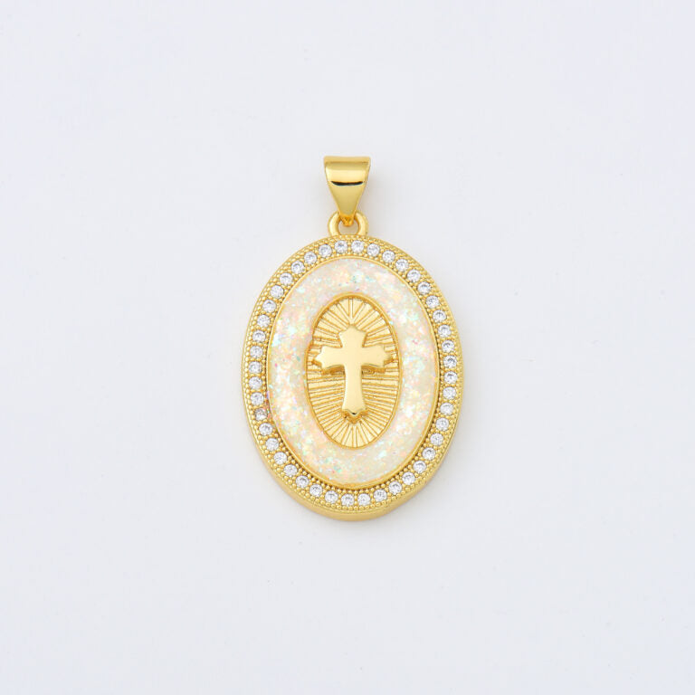 18K Gold Filled Opal Religious Cross Charm, Cross Pendant for Christian Catholic Baptism, Religious Jewelry Making Supply, 19x28mm, CP2009