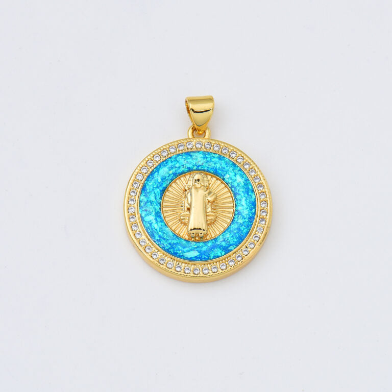 18K Gold Filled Opal Saint Benedict Charm Medallion, San Benito Pendant CZ Micro Pave for Religious Jewelry Making Supply, 22x23mm, CP2010