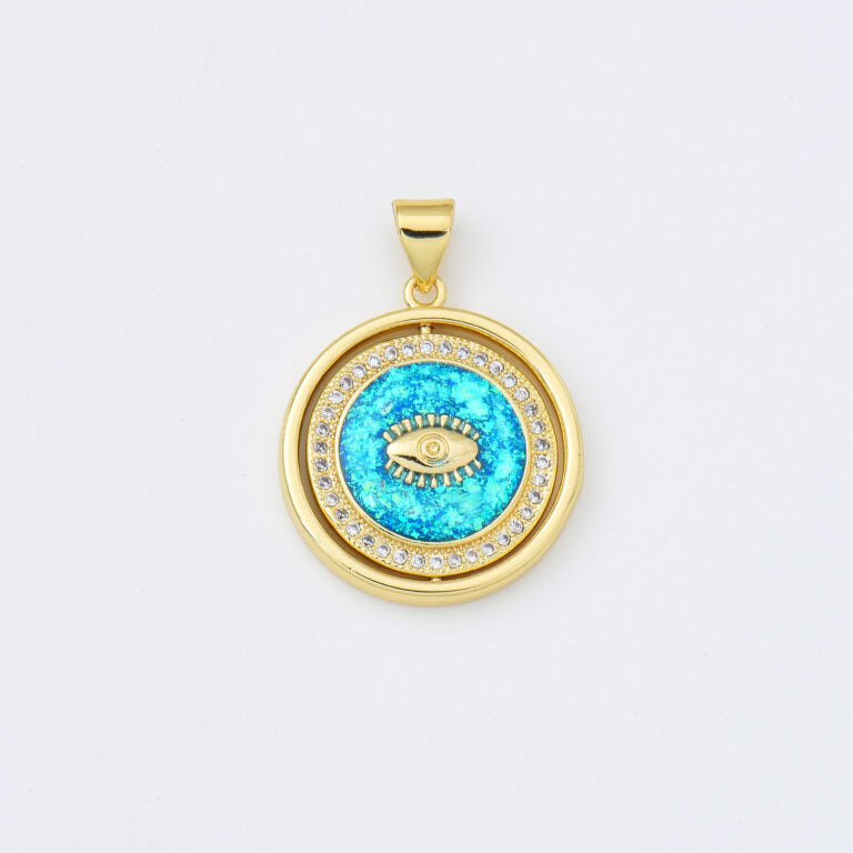 18K Gold Filled Opal Evil Eye Charm, Evil Eye Double Sided Spinning Round Pendant CZ Micro Pave for DIY Jewelry Making, 20x22mm, CP2011