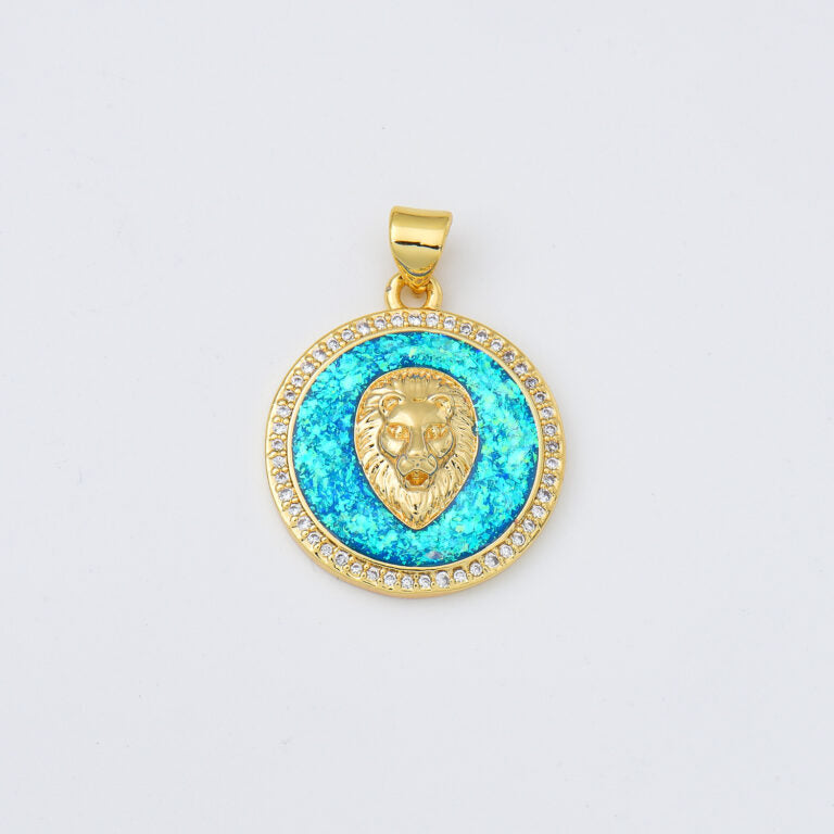 18K Gold Filled Opal Lion Head Charm, King of Jungle Medallion Pendant for Necklace Bracelet Jewelry Making Supply, Wild Animal Charm, CP2012