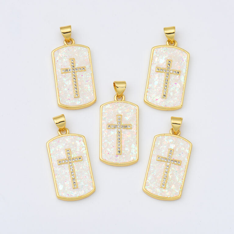 18K Gold Filled Opal Cross Tag Charm, Cross Pendant for Christian Catholic Baptism, Religious Jewelry Making Supply, 13x26mm, CP2013