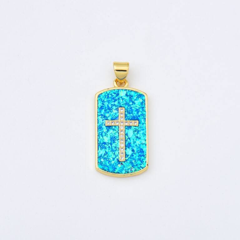 18K Gold Filled Opal Cross Tag Charm, Cross Pendant for Christian Catholic Baptism, Religious Jewelry Making Supply, 13x26mm, CP2013