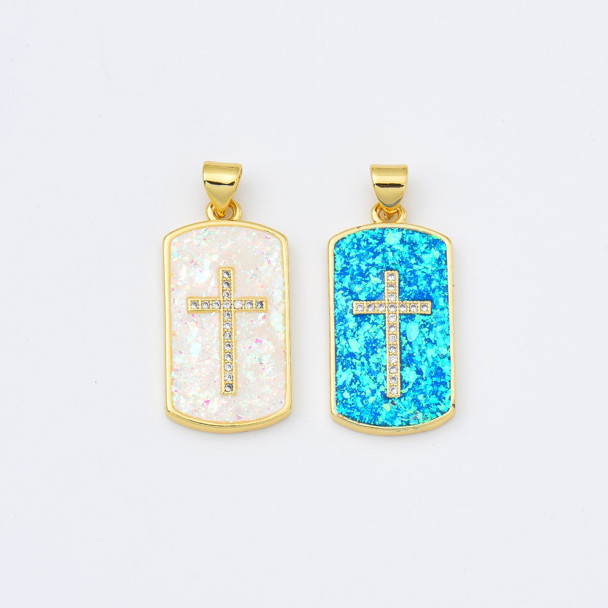 18K Gold Filled Opal Cross Tag Charm, Cross Pendant for Christian Catholic Baptism, Religious Jewelry Making Supply, 13x26mm, CP2013