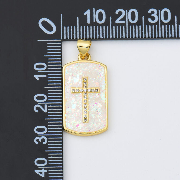 18K Gold Filled Opal Cross Tag Charm, Cross Pendant for Christian Catholic Baptism, Religious Jewelry Making Supply, 13x26mm, CP2013