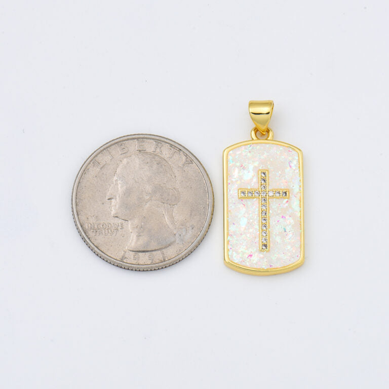 18K Gold Filled Opal Cross Tag Charm, Cross Pendant for Christian Catholic Baptism, Religious Jewelry Making Supply, 13x26mm, CP2013