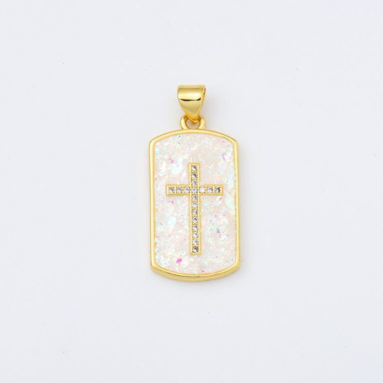 18K Gold Filled Opal Cross Tag Charm, Cross Pendant for Christian Catholic Baptism, Religious Jewelry Making Supply, 13x26mm, CP2013