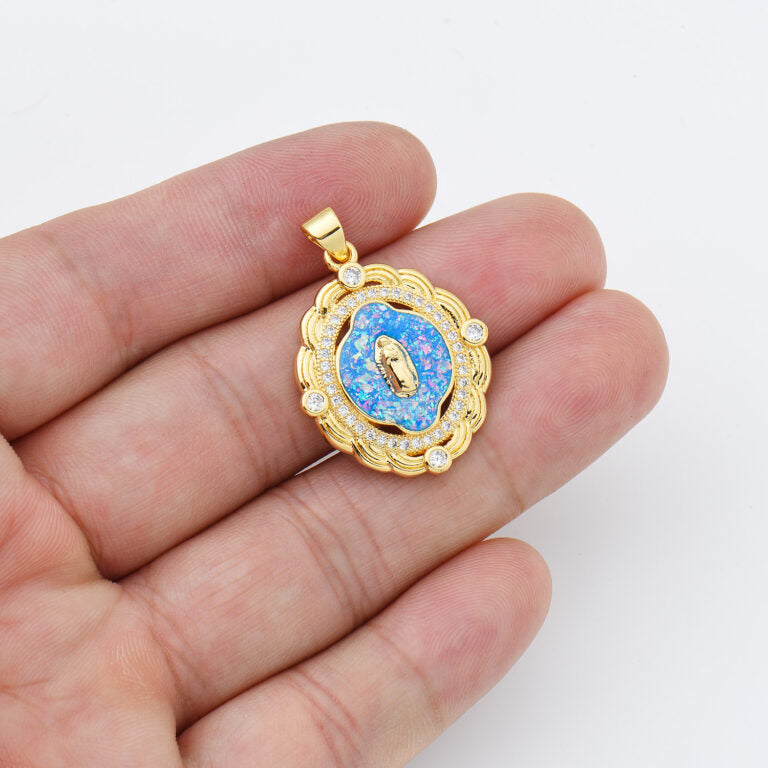 18K Gold Filled Opal Blessed Virgin Mary Charm, Lady Of Guadalupe, Virgin Mary Pendant for Necklace Bracelet Religious Jewelry Making, CP2014