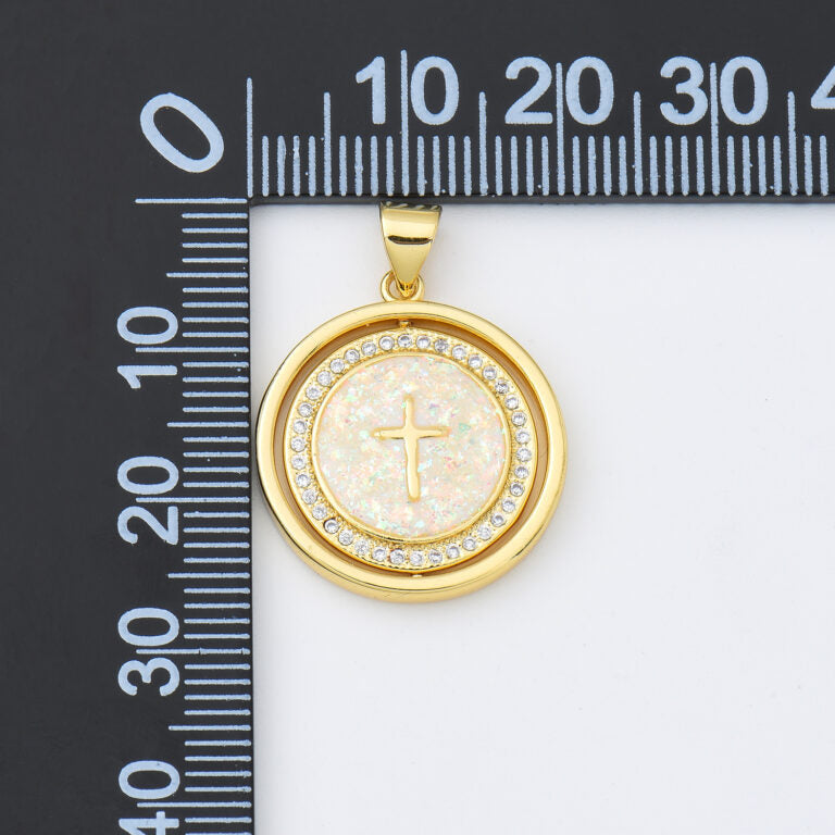 18K Gold Filled Opal Cross Charm, Double Sided Spinning Round Cross CZ Pendant for Necklace Bracelet Religious Jewelry Making Supply, CP2015