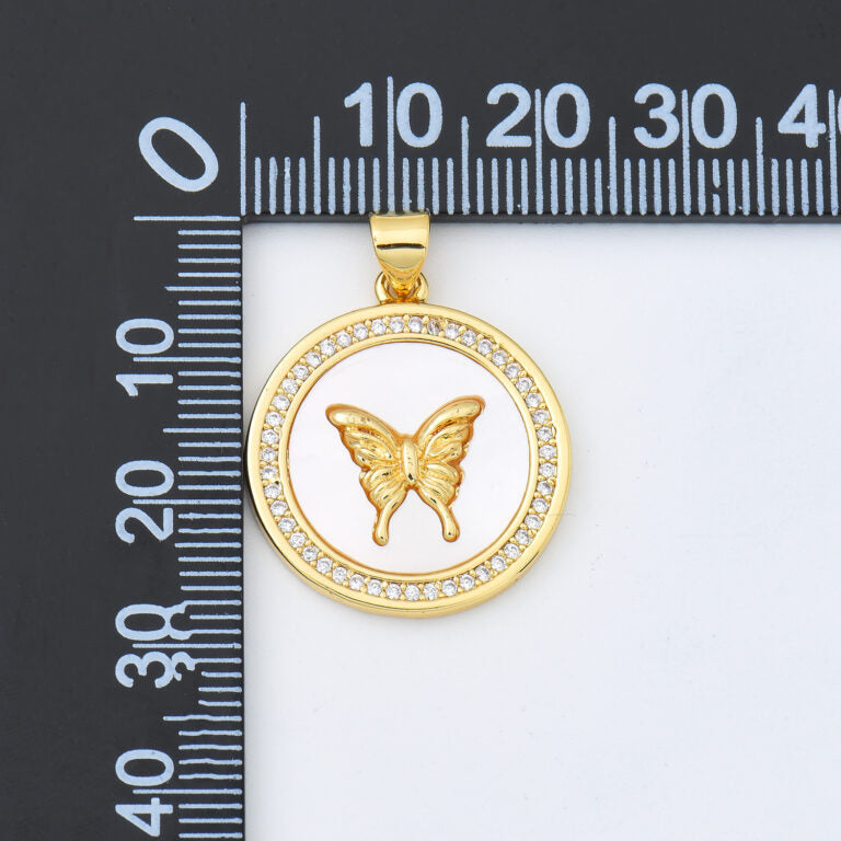 18K Gold Filled Butterfly Shell Pearl Charm Medallion, Gold Filled Mariposa Coin Pendant for Necklace Bracelet Jewelry Making Supply, 22x25mm, CP2018