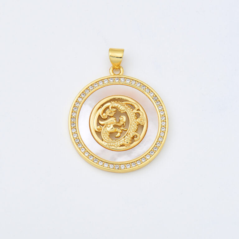 18K Gold Filled Mythical Dragon Shell Pearl Charm Medallion, Gold Filled Dragon Pendant CZ Micro Pave for Necklace Bracelet Jewelry Making Supply, CP2021