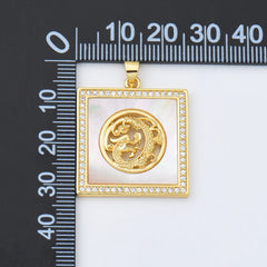 18K Gold Filled Mythical Dragon Shell Pearl Tag Charm, Square Dragon Pendant CZ Micro Pave for Necklace Bracelet Jewelry Making Supply, CP2022