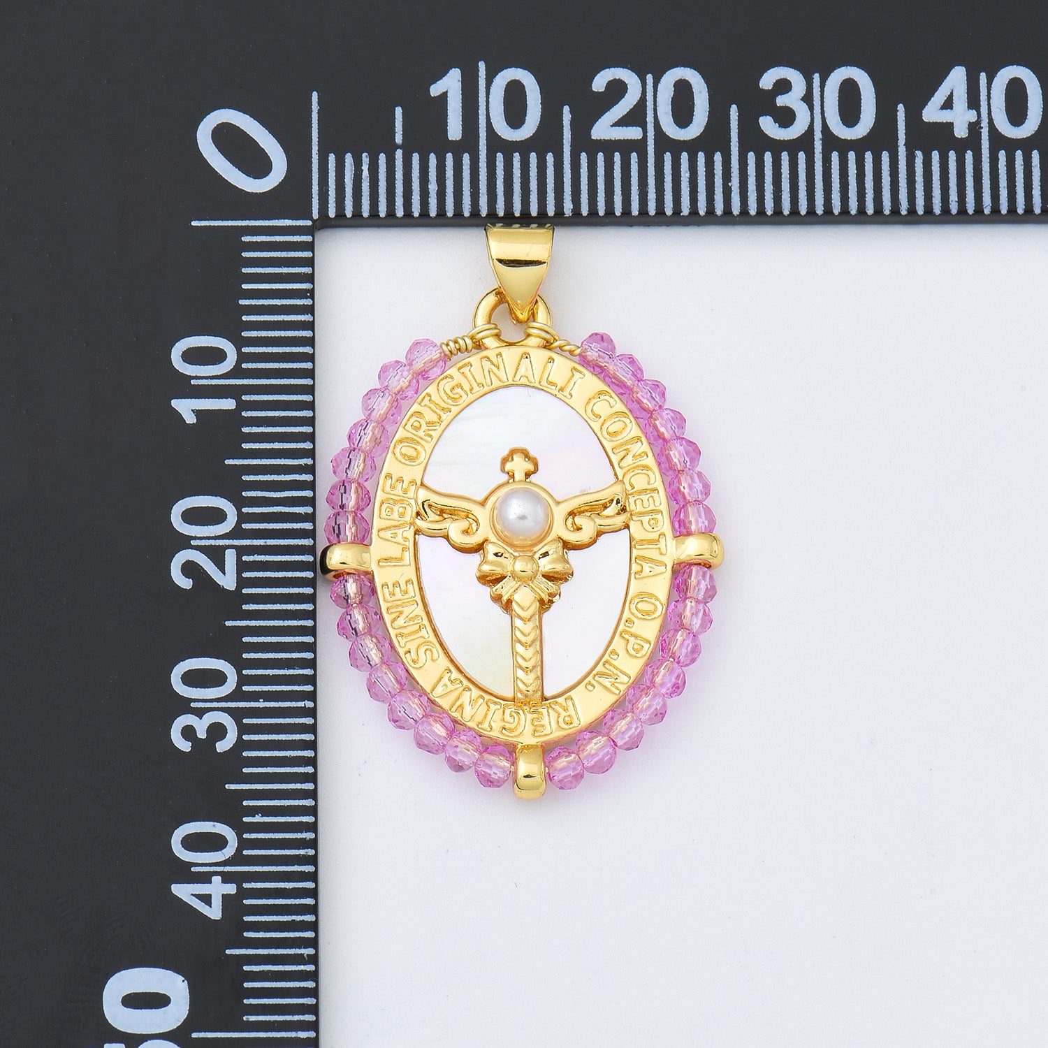 18K Gold Filled Blessed Virgin Mary Miraculous Shell Pearl Medal Charm, Pray For Us Beaded Pendant, Religious Gift, Magic Wand Charm, CP2023