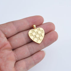 18K Gold Filled Checkered Heart Charm, Love Heart Pendant for Necklace Bracelet Jewelry Making Supply, Add On Charm, 26x21mm, CP2028