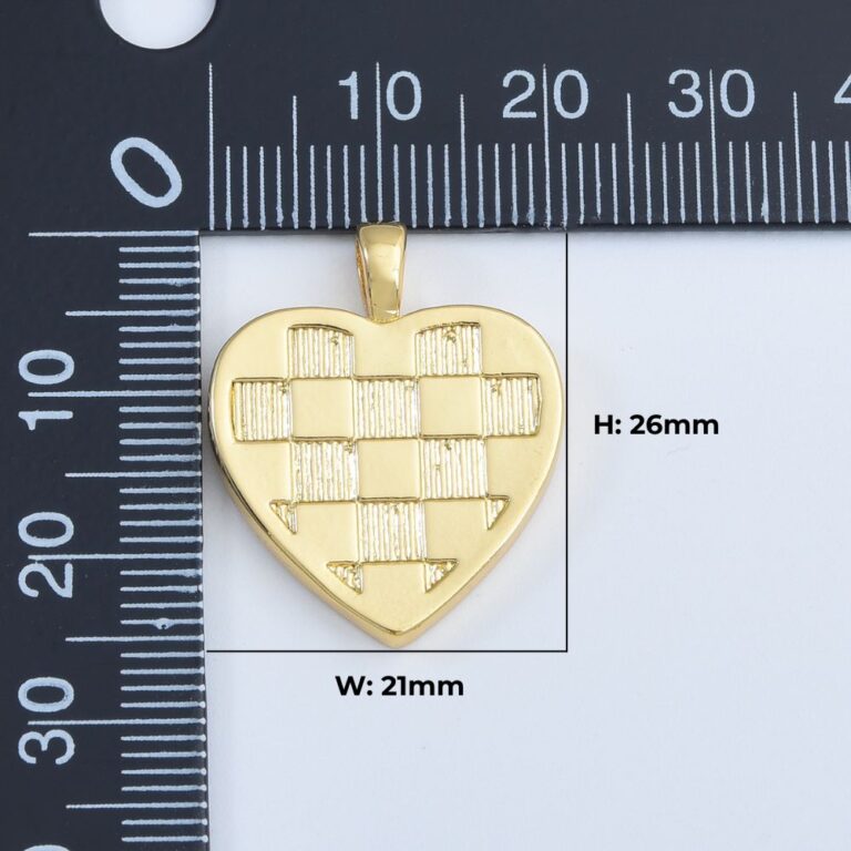 18K Gold Filled Checkered Heart Charm, Love Heart Pendant for Necklace Bracelet Jewelry Making Supply, Add On Charm, 26x21mm, CP2028