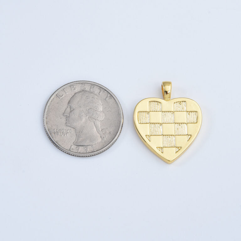 18K Gold Filled Checkered Heart Charm, Love Heart Pendant for Necklace Bracelet Jewelry Making Supply, Add On Charm, 26x21mm, CP2028