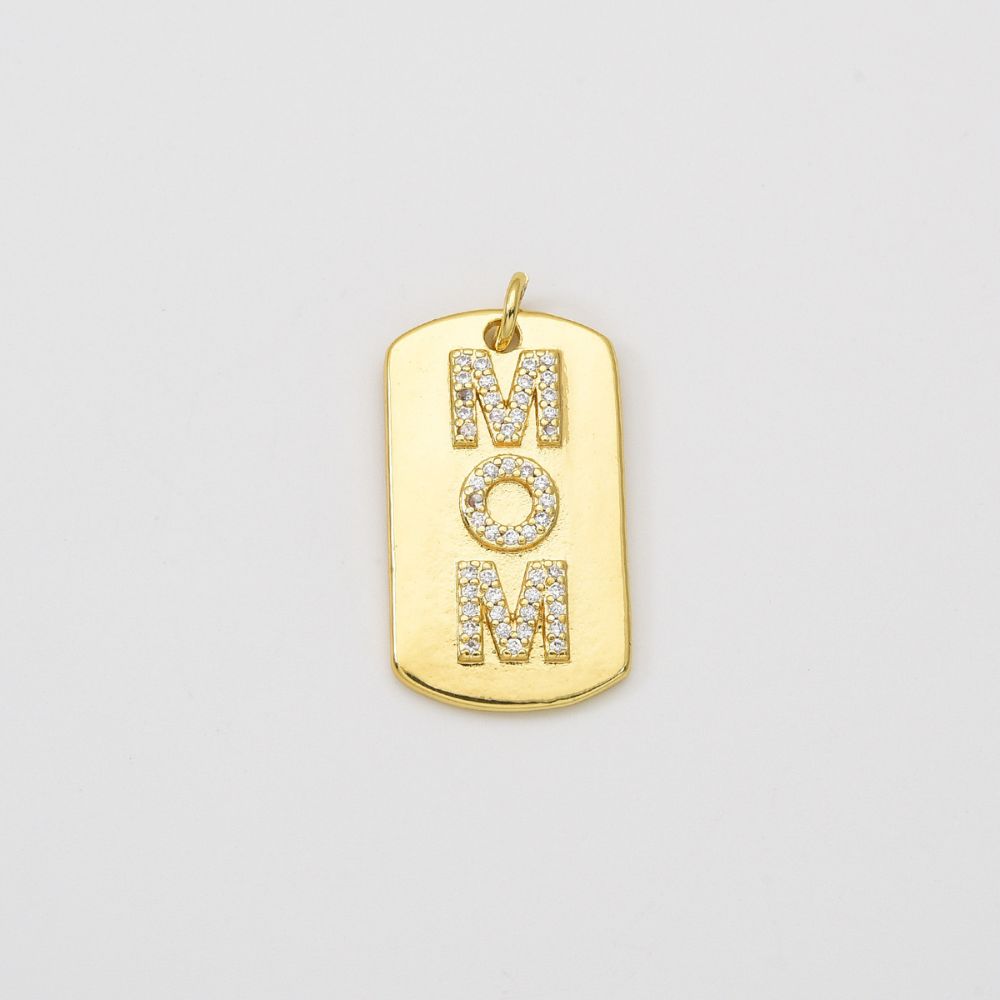 18K Gold Filled Mom Tag Charm, Mom Word Pendant CZ Micro Pave for Bracelet Necklace DIY Jewelry Making Supply, Mothers Day Gift, 28x14mm, CP2045