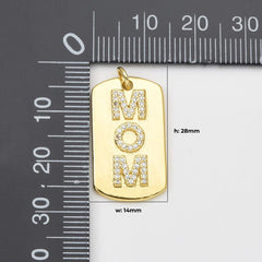 18K Gold Filled Mom Tag Charm, Mom Word Pendant CZ Micro Pave for Bracelet Necklace DIY Jewelry Making Supply, Mothers Day Gift, 28x14mm, CP2045