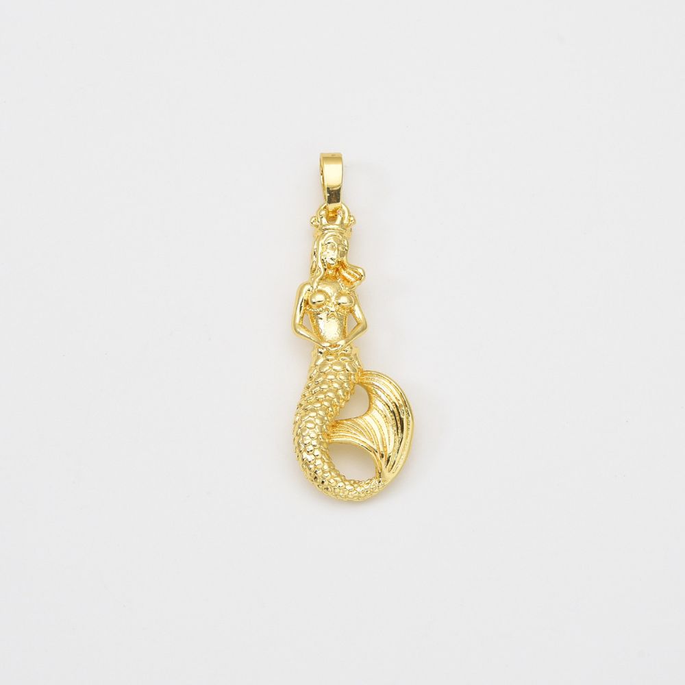 18K Gold Filled Dainty Mermaid Charm, Ocean Sea Mermaid Textured Pendant for DIY Necklace Bracelet Jewelry Making Supply, 37x12mm, CP2046