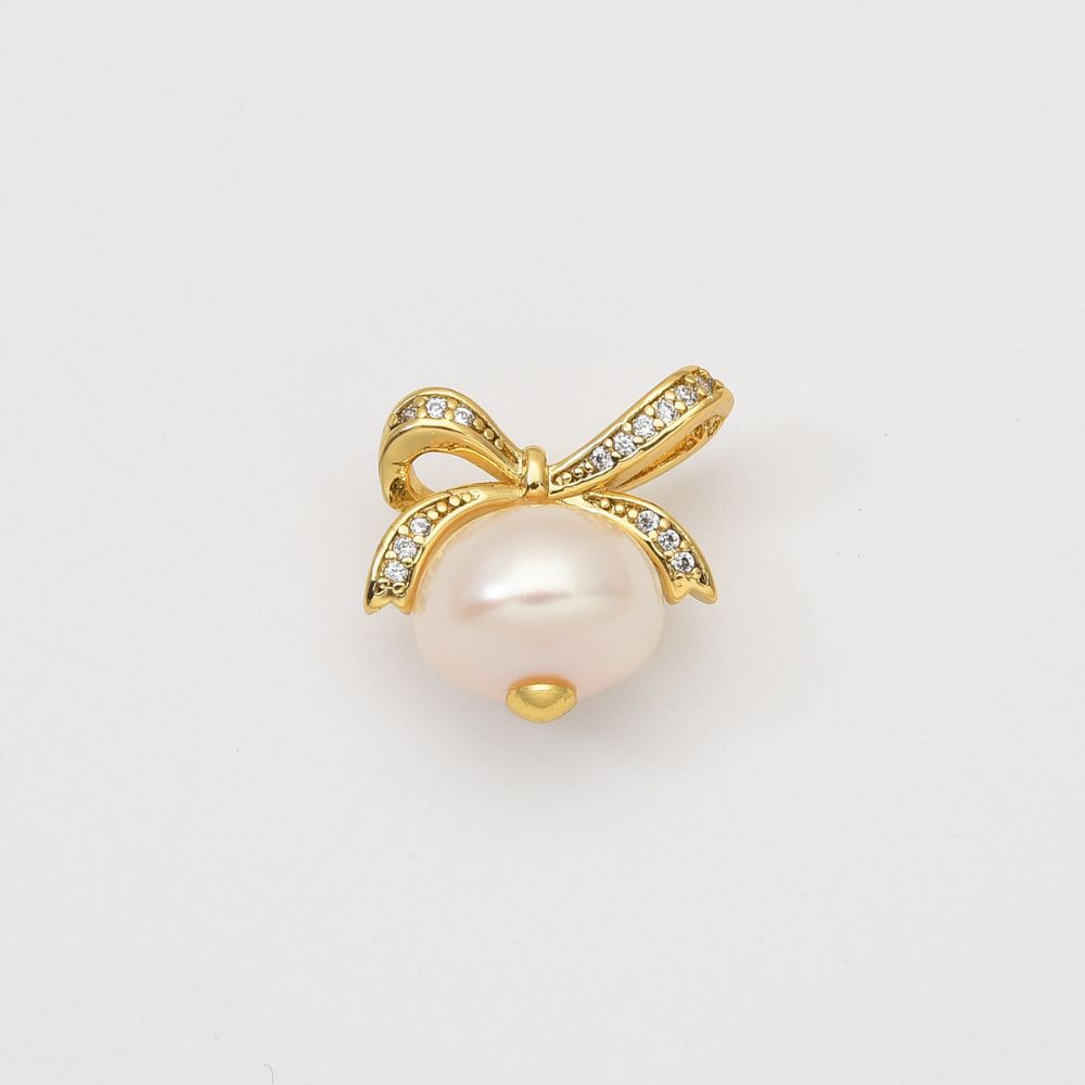18K Gold Filled Ribbon Bow Freshwater Pearl Drop Charm Pendant for DIY Necklace Bracelet Earring Jewelry Making Supply, CP2054