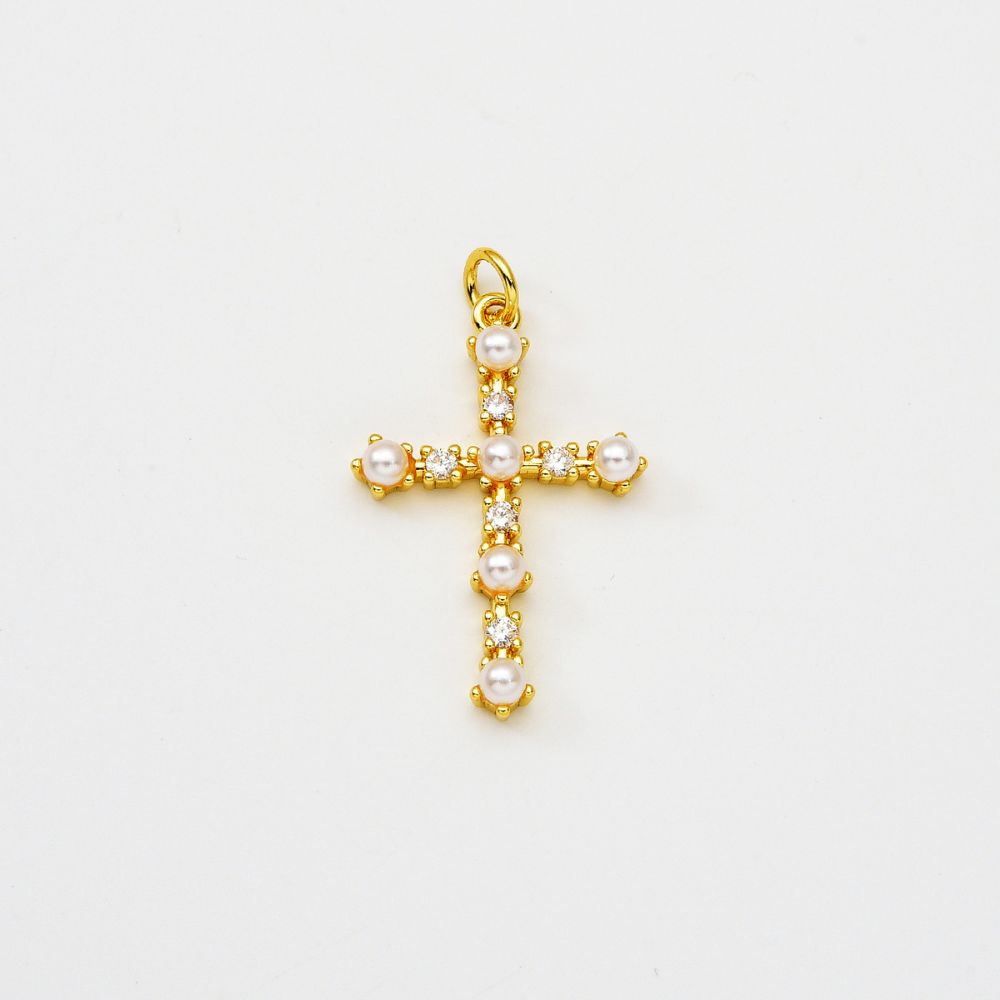 18K Gold Filled Round White Pearl Cross Charm, Religious Cross Pendant Cubic Zirconia Micro Pave for Necklace Bracelet Jewelry Making Supply, CP2065