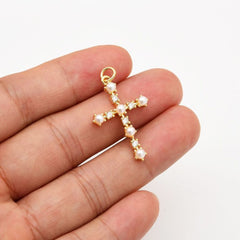18K Gold Filled Round White Pearl Cross Charm, Religious Cross Pendant Cubic Zirconia Micro Pave for Necklace Bracelet Jewelry Making Supply, CP2065