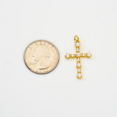 18K Gold Filled Round White Pearl Cross Charm, Religious Cross Pendant Cubic Zirconia Micro Pave for Necklace Bracelet Jewelry Making Supply, CP2065