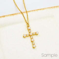 18K Gold Filled Round White Pearl Cross Charm, Religious Cross Pendant Cubic Zirconia Micro Pave for Necklace Bracelet Jewelry Making Supply, CP2065