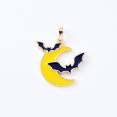 18K Gold Filled 2 Flying Bats Halloween Charm, Crescent Moon Pendant, Yellow and Black Enamel Halloween Spooky Pendants, Witch Charm, CP2079