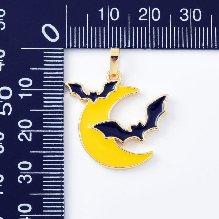 18K Gold Filled 2 Flying Bats Halloween Charm, Crescent Moon Pendant, Yellow and Black Enamel Halloween Spooky Pendants, Witch Charm, CP2079