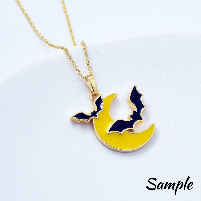 18K Gold Filled 2 Flying Bats Halloween Charm, Crescent Moon Pendant, Yellow and Black Enamel Halloween Spooky Pendants, Witch Charm, CP2079