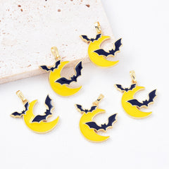 18K Gold Filled 2 Flying Bats Halloween Charm, Crescent Moon Pendant, Yellow and Black Enamel Halloween Spooky Pendants, Witch Charm, CP2079