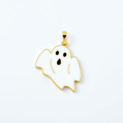 18K Gold Filled Enamel White Halloween Ghost Charm, Gold Filled Ghost Pendant, Spooky Halloween Pendants, Witch Charm, 27x23mm, CP2081