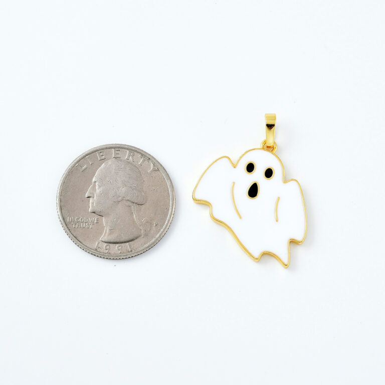 18K Gold Filled Enamel White Halloween Ghost Charm, Gold Filled Ghost Pendant, Spooky Halloween Pendants, Witch Charm, 27x23mm, CP2081