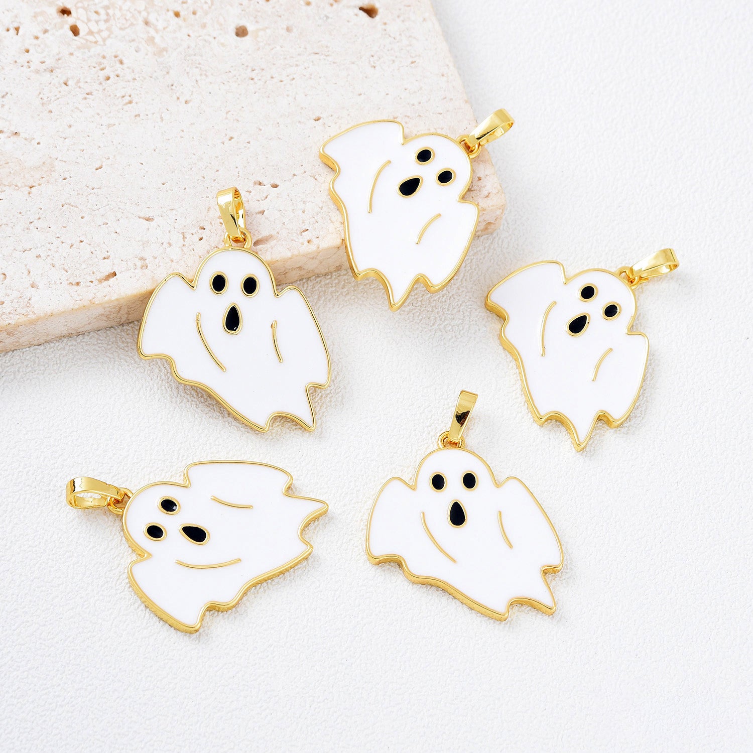 18K Gold Filled Enamel White Halloween Ghost Charm, Gold Filled Ghost Pendant, Spooky Halloween Pendants, Witch Charm, 27x23mm, CP2081