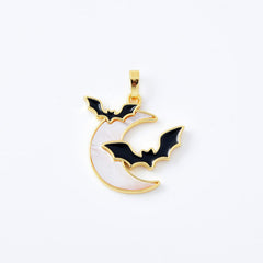 18K Gold Filled 2 Flying Bats Halloween Charm, Mother of Pearl Halloween Crescent Moon Pendant, Spooky Pendants, Witch Charm, 26x24mm, CP2082