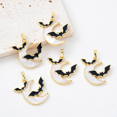 18K Gold Filled 2 Flying Bats Halloween Charm, Mother of Pearl Halloween Crescent Moon Pendant, Spooky Pendants, Witch Charm, 26x24mm, CP2082