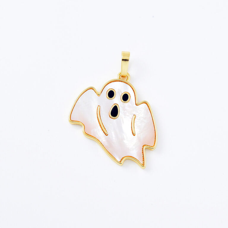 18K Gold Filled Mother of Pearl Halloween Ghost Charm, MOP Ghost Pendant, Spooky Halloween Pendants, Witch Charm, 27x23mm, CP2083