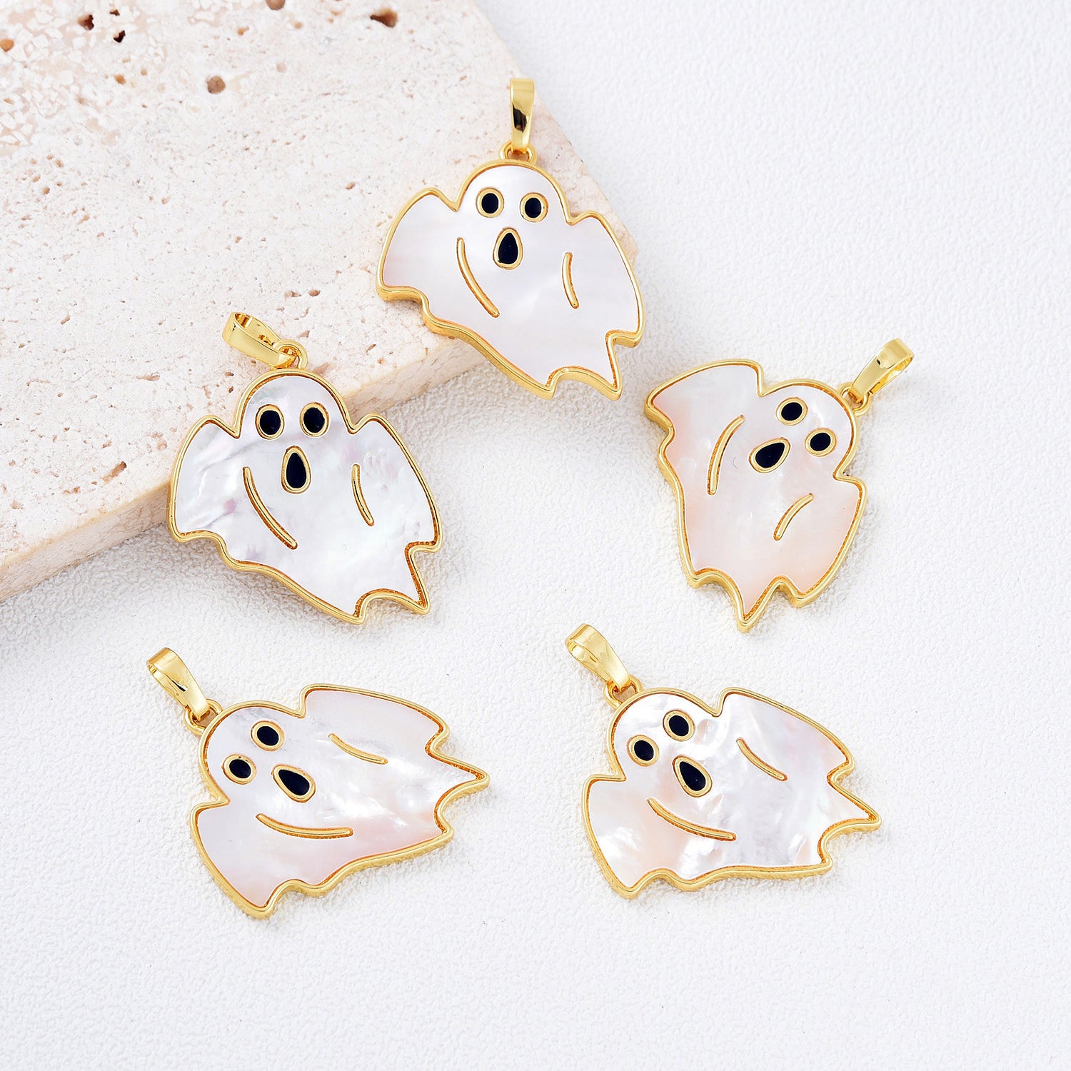 18K Gold Filled Mother of Pearl Halloween Ghost Charm, MOP Ghost Pendant, Spooky Halloween Pendants, Witch Charm, 27x23mm, CP2083