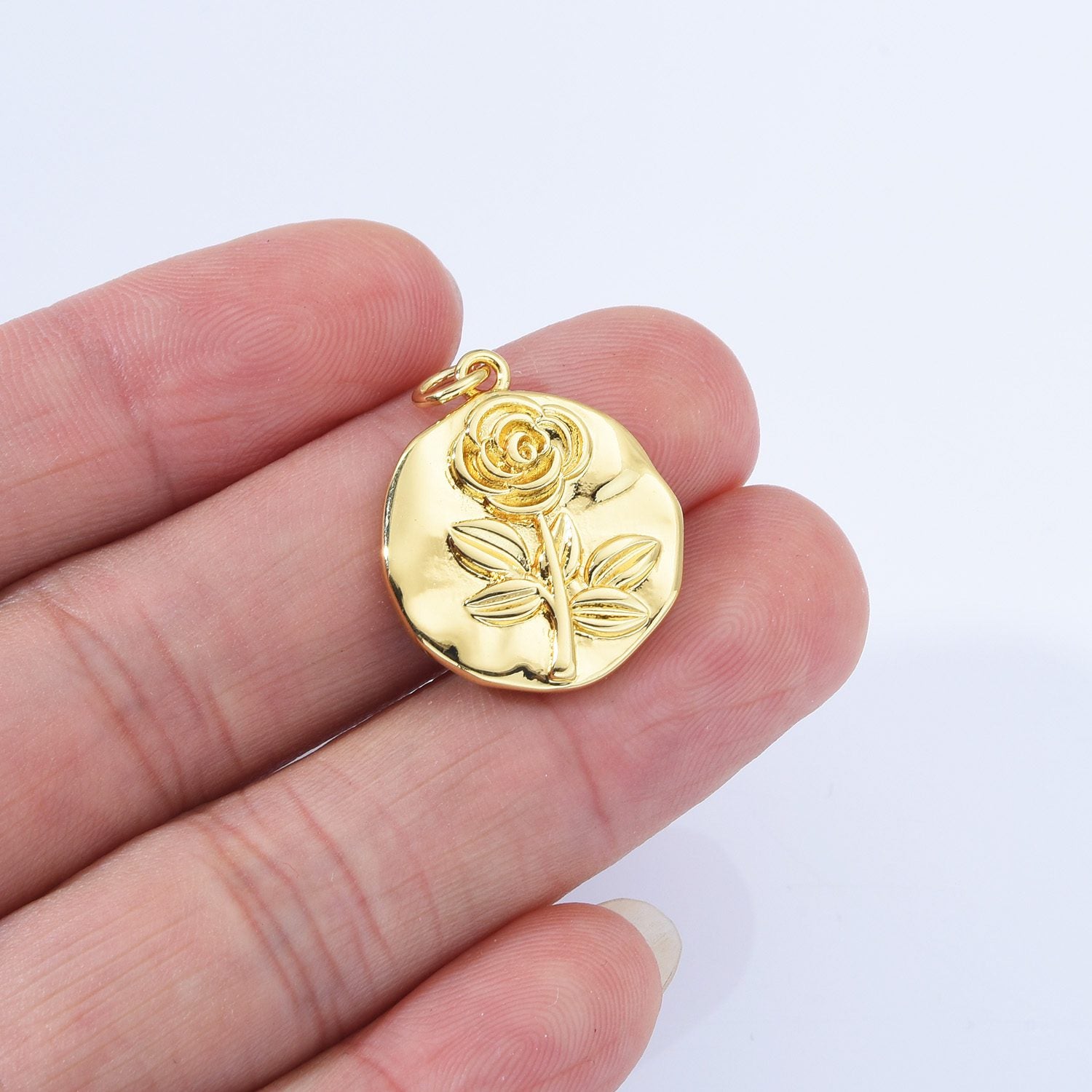 18K Gold Filled Rose Flower Coin Charm, Rose Coin Pendant, Rose Flower Necklace, Flower Pendant for Necklace Bracelet Jewelry Making, CP2164