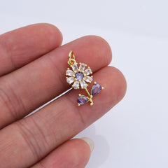 18K Gold Filled Dainty Cubic Zirconia Flower Charm, Flower Pendant Purple Daisy Flower Charm for Necklace Bracelet Earrings Jewelry Making Supply, CP2165