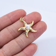 18K Gold Filled Dainty Starfish Pearl Charm, Starfish Pendant Cubic Zirconia Micro Pave, Starfish Charm for Bracelet Necklace DIY Jewelry Making, CP2167